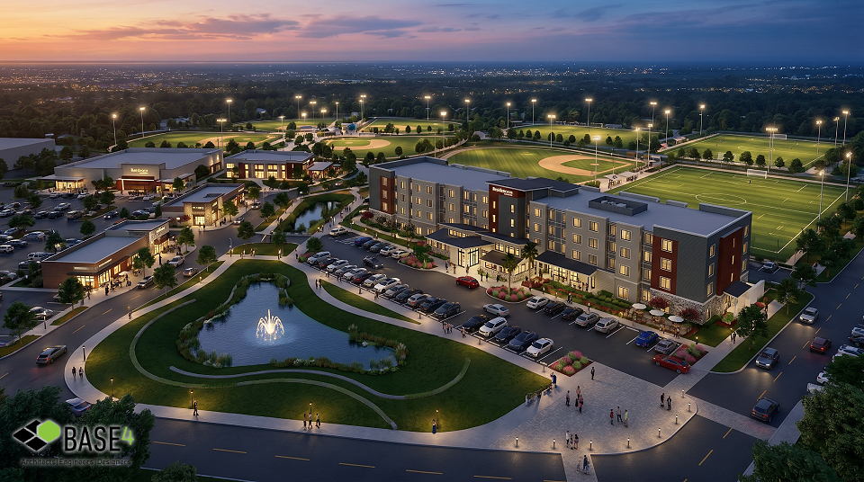 Nighttime rendering of a sports complex with adjacent hotel and walkable mixed-use layout