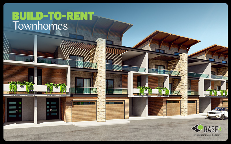 Modern build-to-rent townhomes with balconies, parking, and residential amenities.