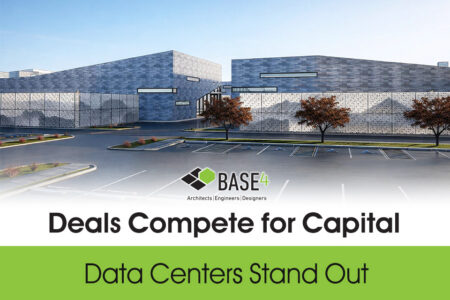 Rendering of a large data center development with headline about deals competing for capital.