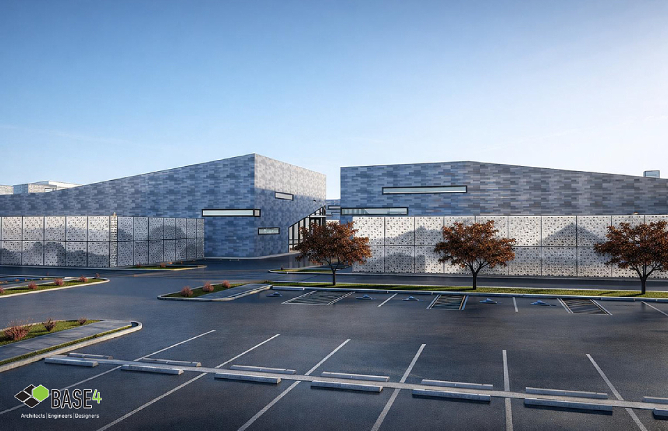 Modern data center building exterior with large-scale infrastructure and parking area