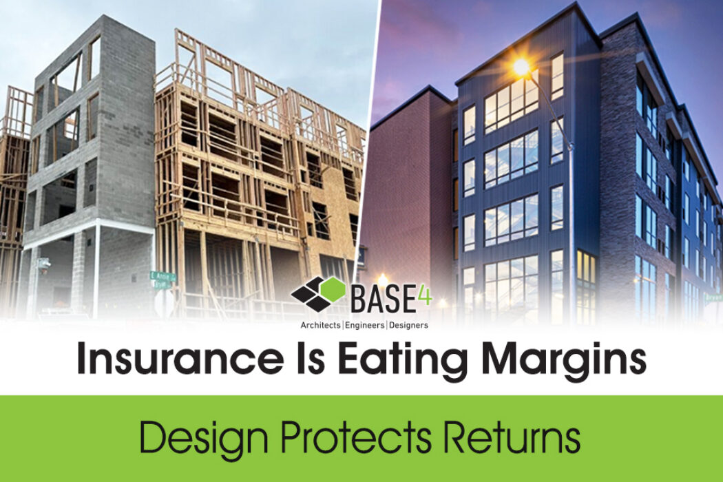 Hotel construction framing beside a completed hotel showing how design coordination can help reduce insurance exposure.