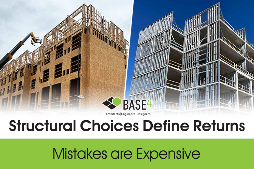 Hotel structural system comparison showing wood framing and steel structure under construction