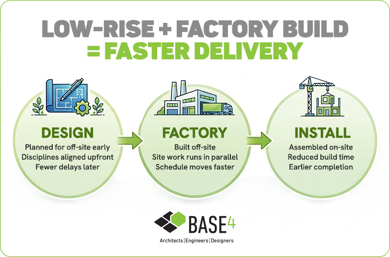Infographic showing how design, factory build, and install planning can support faster low-rise residential delivery.