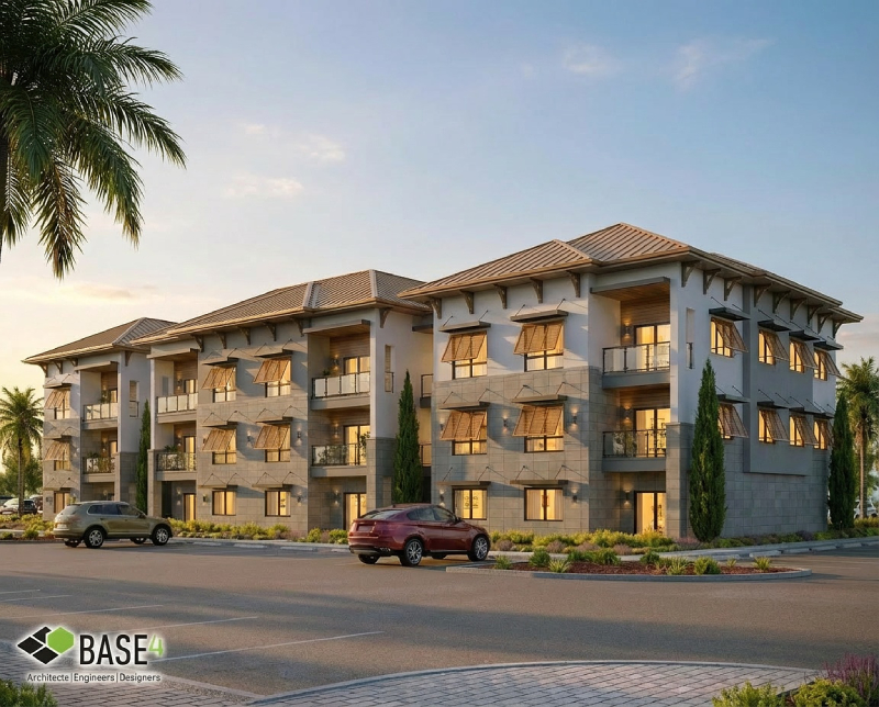 Rendering of a low-rise multifamily residential building with modern exterior design.