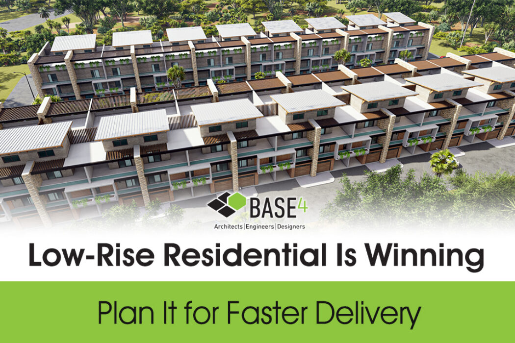 Rendering of a low rise residential community designed for faster project delivery.