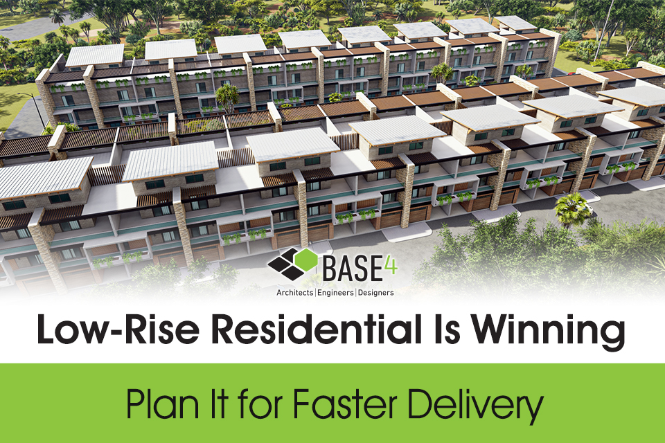Rendering of a low rise residential community designed for faster project delivery.