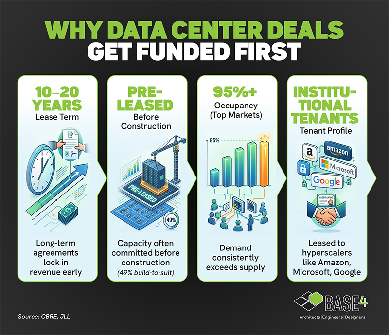 Infographic showing why data center deals attract capital, including long term agreements, pre leased capacity, demand certainty, and institutional tenants.