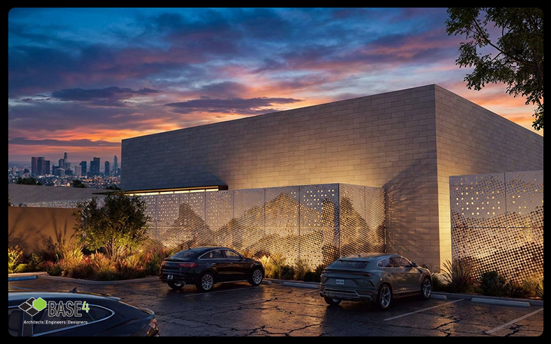 Rendering of a data center building with screening, parking, landscape buffers, and exterior lighting.