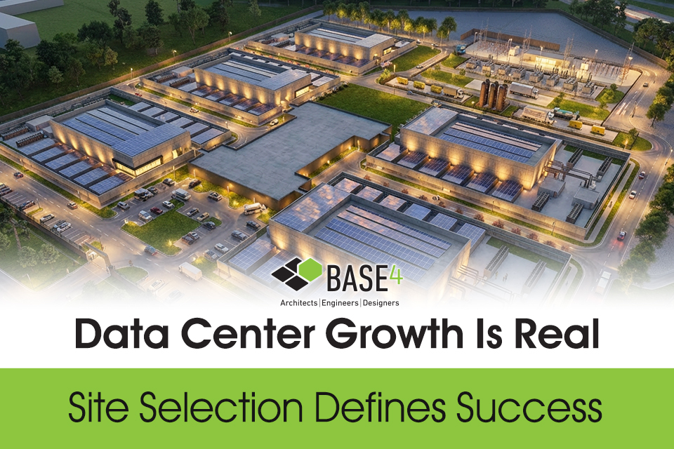Aerial rendering of a data center campus showing buildings, power infrastructure, roads, and site planning elements.