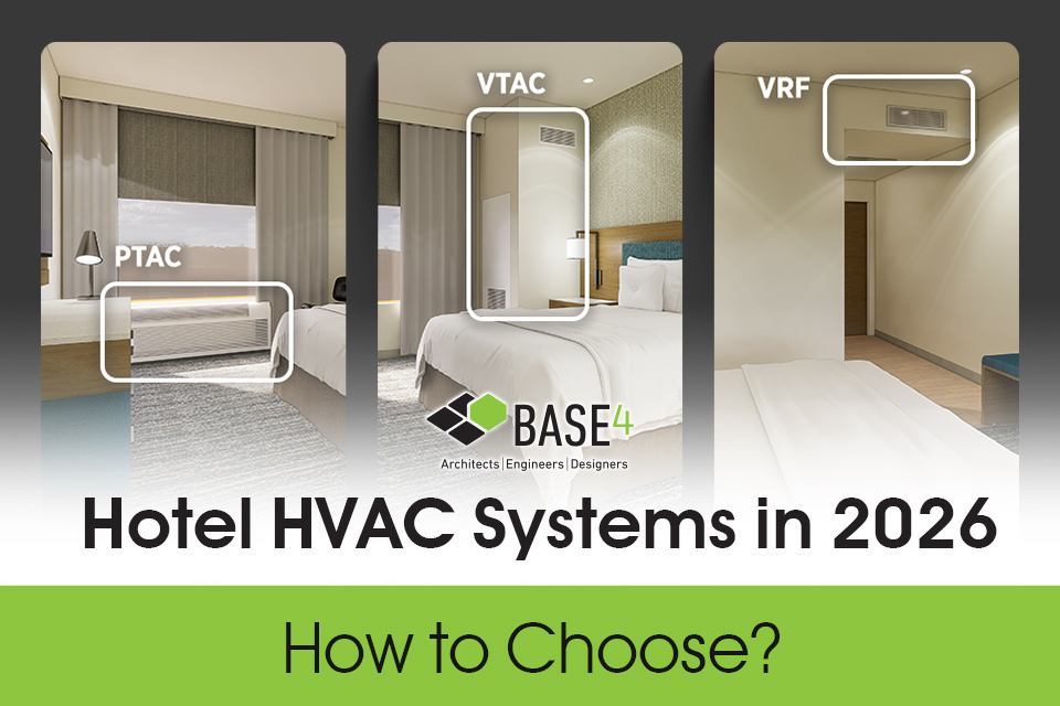 hotel-hvac-systems-ptac-vtac-vrf-comparison Hotel guestroom HVAC comparison showing PTAC, VTAC, and VRF system locations.
