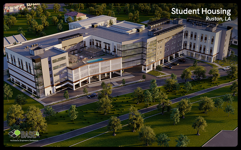 Aerial view of a student housing project near a university campus in Ruston, Louisiana.