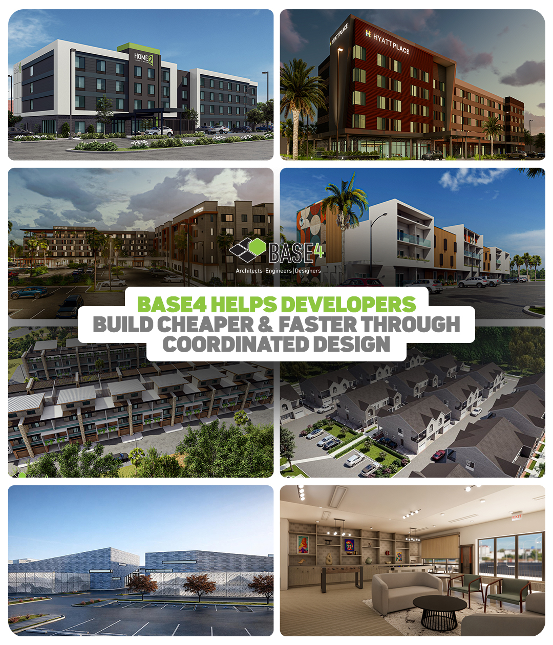 Collage of BASE4 hotel, multifamily, data center, and interior design projects.