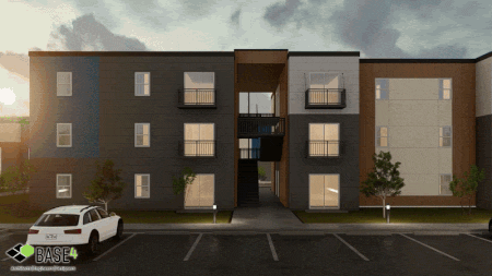 Multifamily site rendering showing parking, circulation, and building layout coordination.