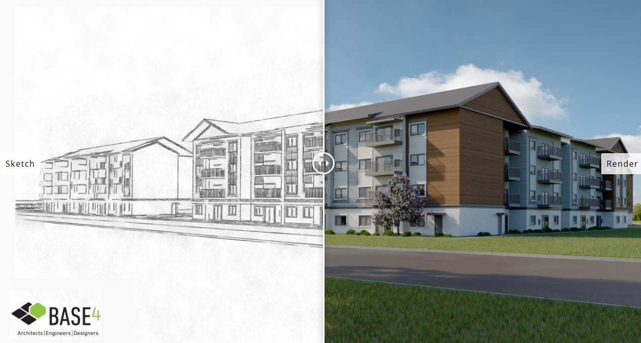 Split image showing a multifamily sketch becoming a 3D building render.