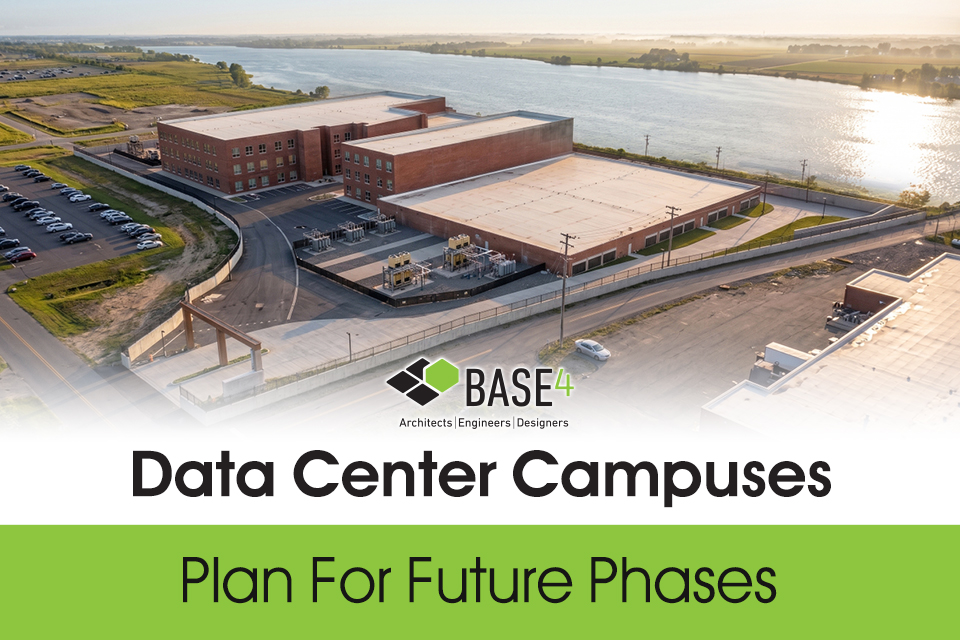 Aerial view of a data center campus designed for future expansion beyond Phase One.