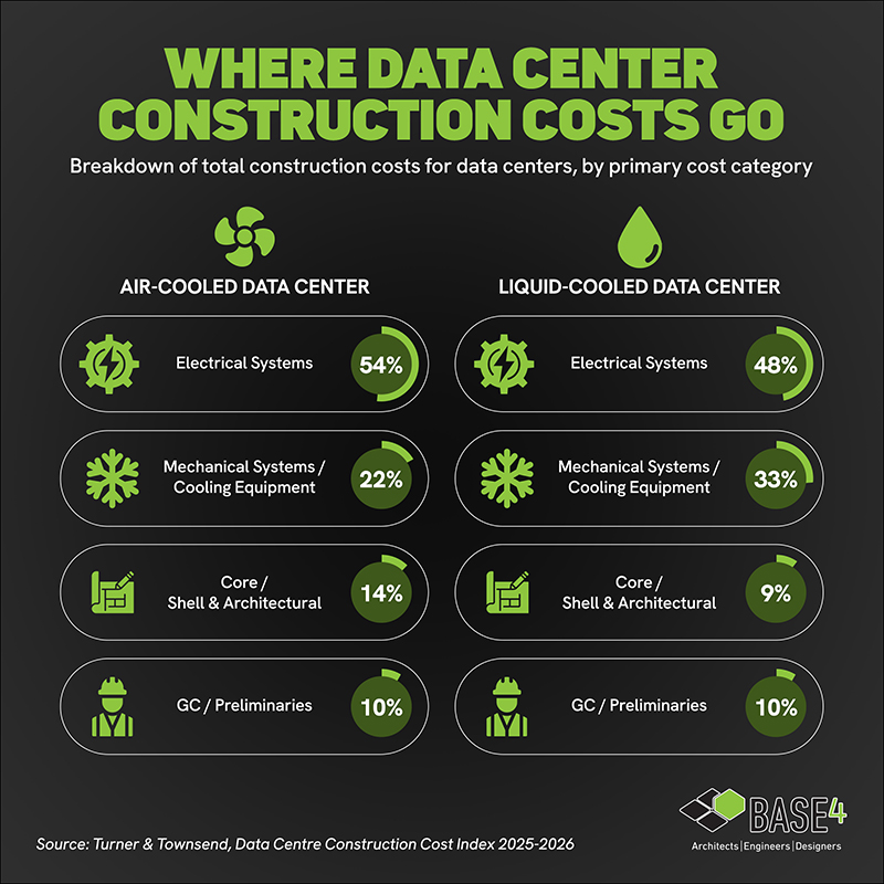 Graphic breaking down air-cooled and liquid-cooled data center construction costs by electrical, mechanical, core, and GC categories.