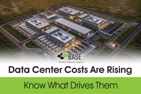 Aerial rendering of a data center campus with BASE4 branding and headline about rising data center costs.
