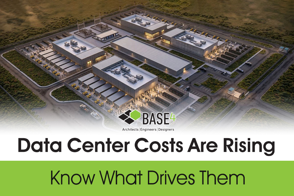 Aerial rendering of a data center campus with BASE4 branding and headline about rising data center costs.