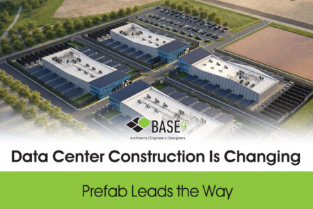 Aerial rendering of a prefabricated data center campus with multiple modular buildings and service areas.
