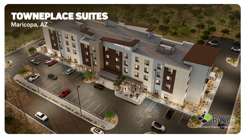 Aerial rendering of TownePlace Suites Maricopa showing hotel parking, accessible spaces, and the entrance area.