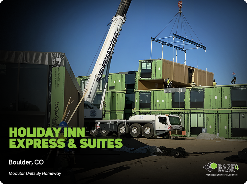 Crane installing prefabricated hotel guestroom modules at a Holiday Inn Express and Suites in Boulder, Colorado.