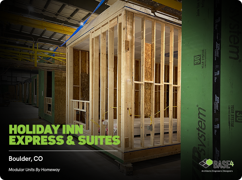 Prefabricated guestroom wall framing inside a Holiday Inn Express and Suites in Boulder, Colorado.