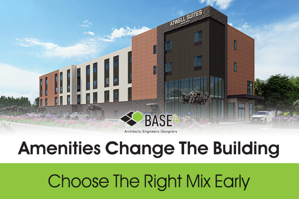 Rendering of a multi-story hotel illustrating early hotel amenity planning.