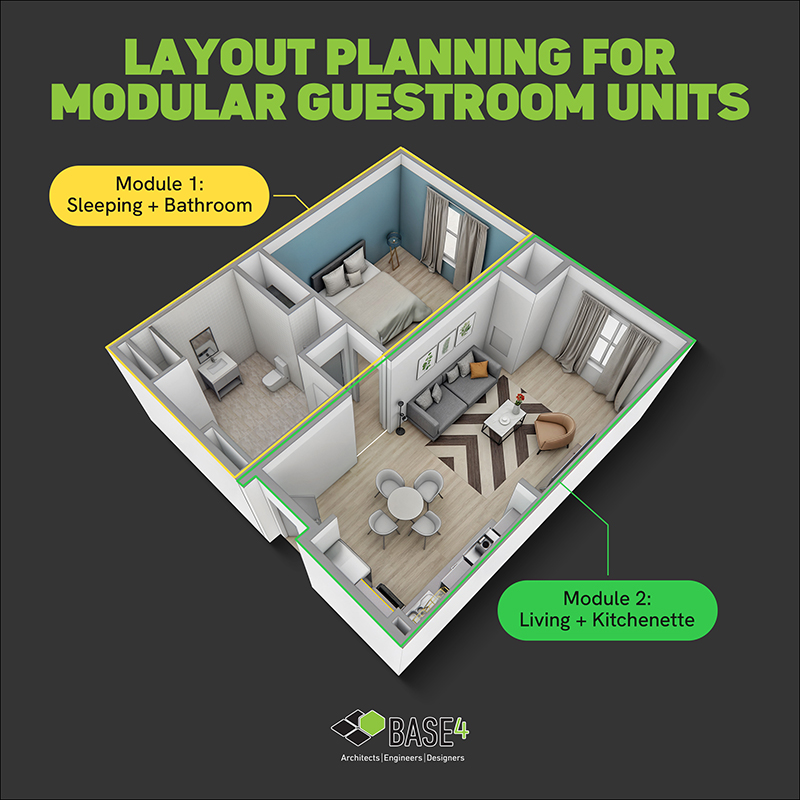 3D floor plan showing coordinated modular hotel guestroom units and corridor connections.