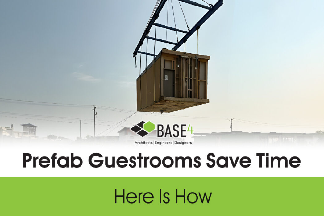 Prefab hotel guestroom module being lifted by a crane for installation.