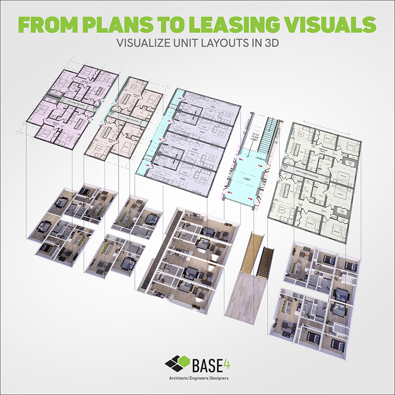 Apartment floor plans paired with furnished 3D layouts.