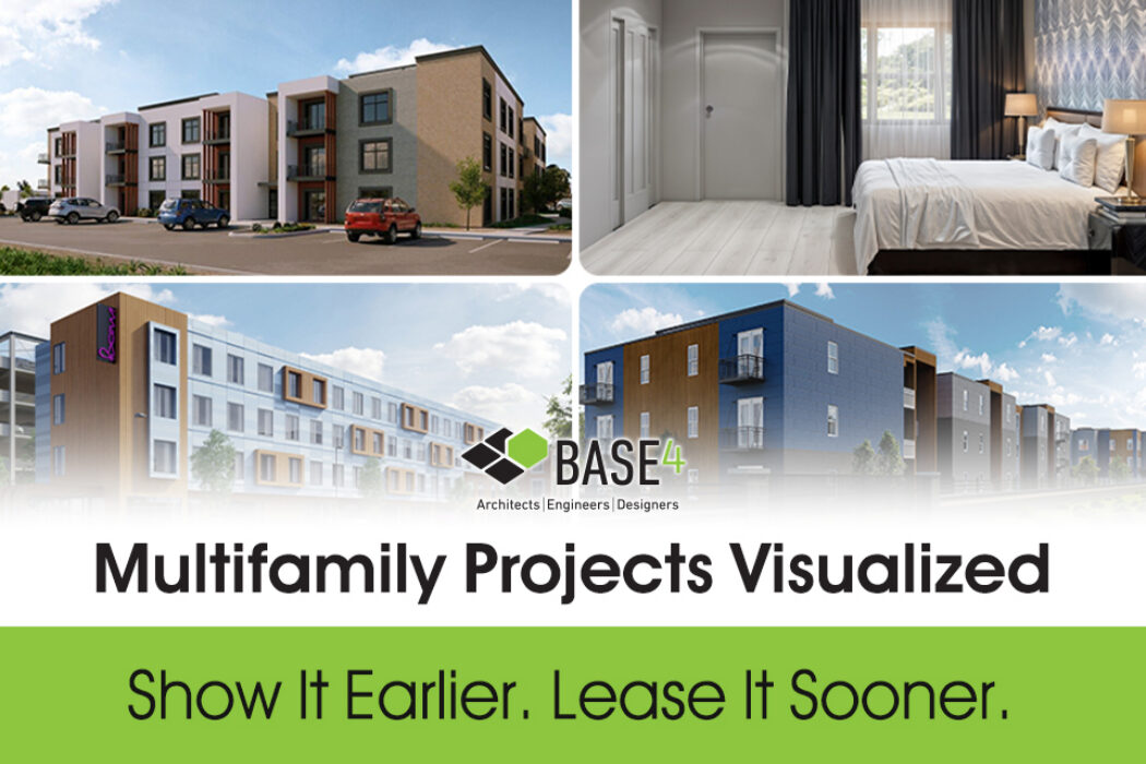 Montage of BASE4 apartment exterior and bedroom renderings.