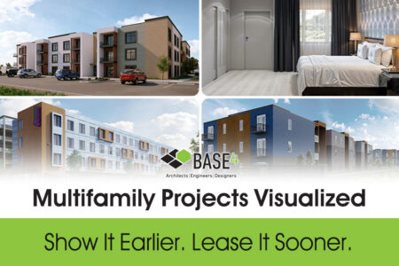 Montage of BASE4 apartment exterior and bedroom renderings.