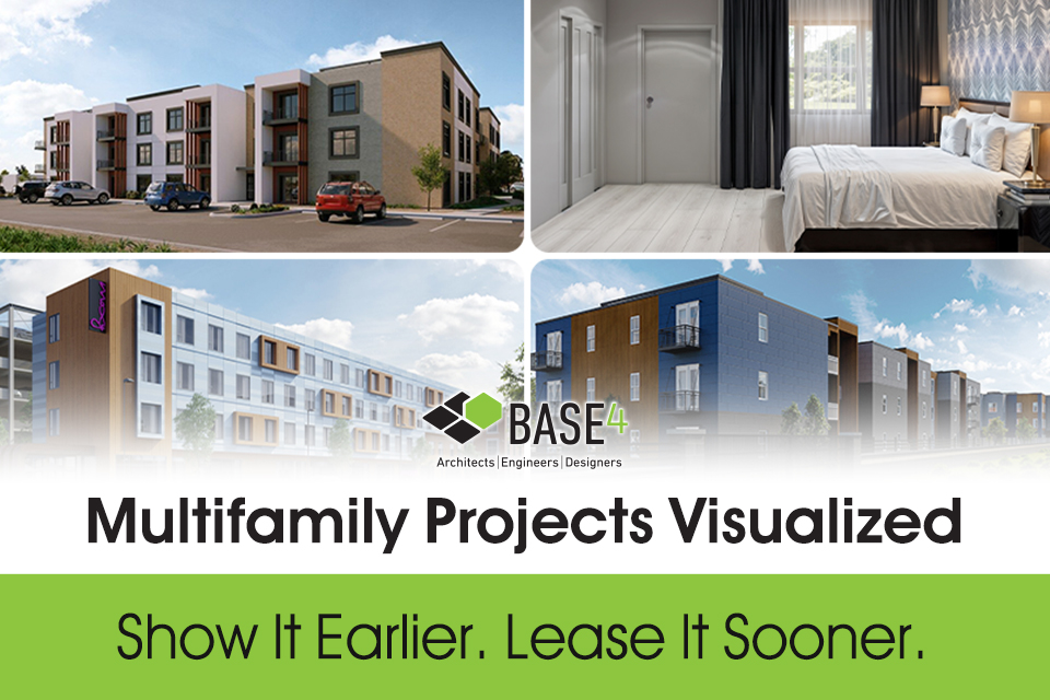 base4-multifamily-renderings Montage of BASE4 apartment exterior and bedroom renderings.