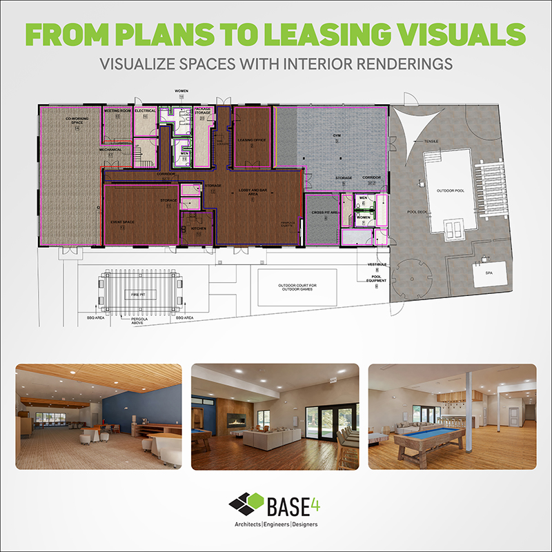 Community floor plan with renderings of the seating area and game room.