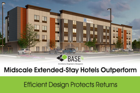 Hyatt Studios hotel exterior rendering with four stories and landscaped parking.