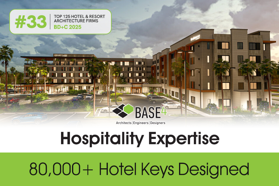 base4-hospitality-hotel-exterior Hotel exterior at dusk with illuminated windows and landscaped grounds