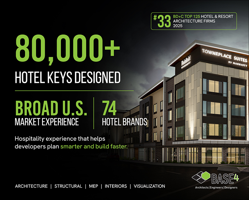 BASE4 hotel experience graphic highlighting 80,000+ keys designed across 74 brands