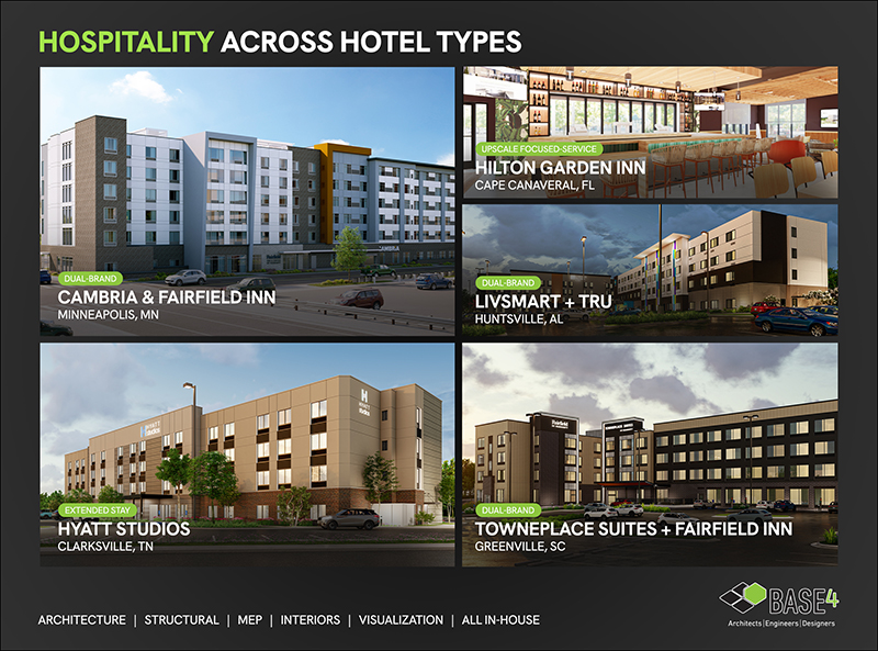 Collage of hotel exterior renderings illustrating BASE4’s range of hospitality projects