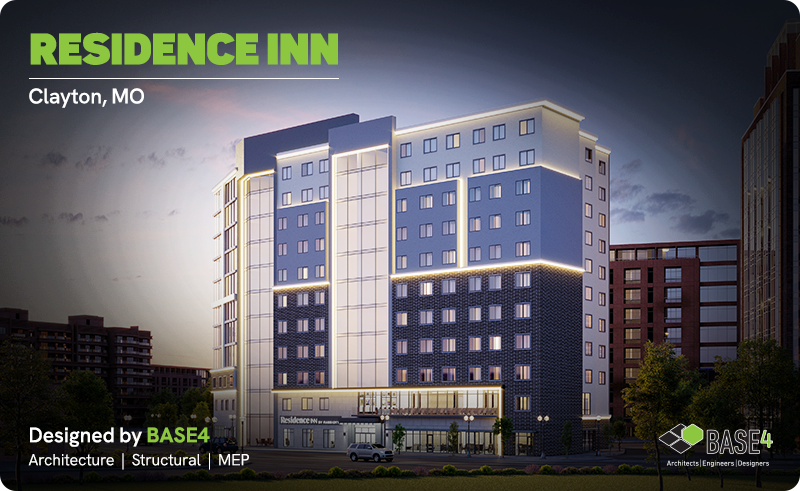 Exterior rendering of the Residence Inn in Clayton, MO, showing the hotel facade and street-level entrance at dusk.